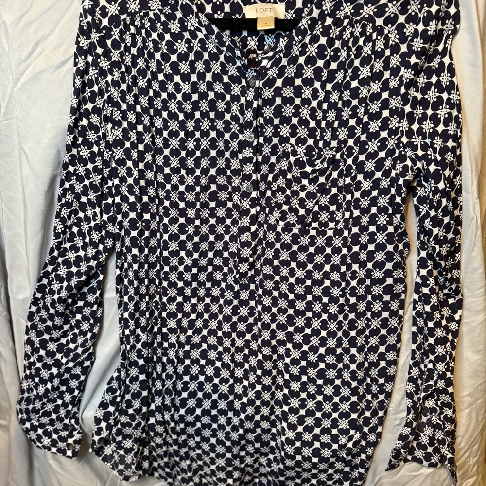 LOFT Geometric Navy and White Blouse